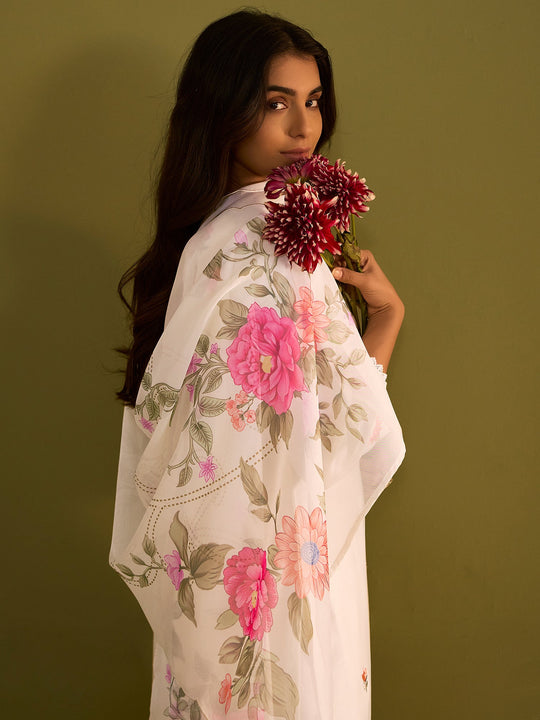 Indo Era Off White Embroidered Straight Kurta Trousers With Dupatta Set