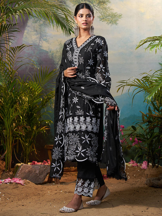 Black Embroidered Pure Cotton Straight Kurta Sets With Dupatta