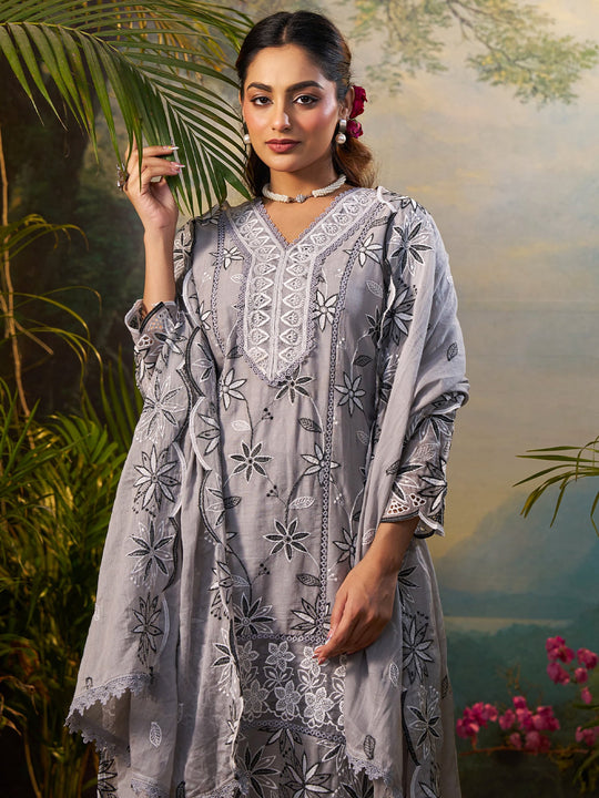 Grey Embroidered Pure Cotton Straight Kurta Sets With Dupatta