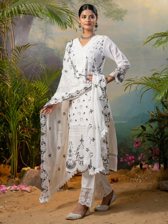 Off White Embroidered Pure Cotton Straight Kurta Sets With Dupatta