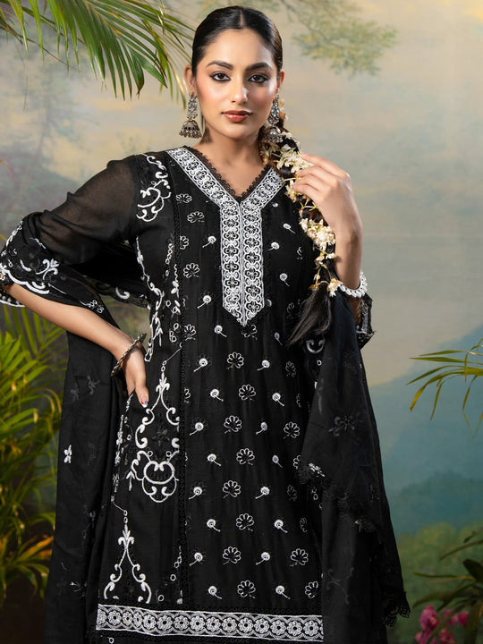 Black Embroidered Pure Cotton Straight Kurta Sets With Dupatta