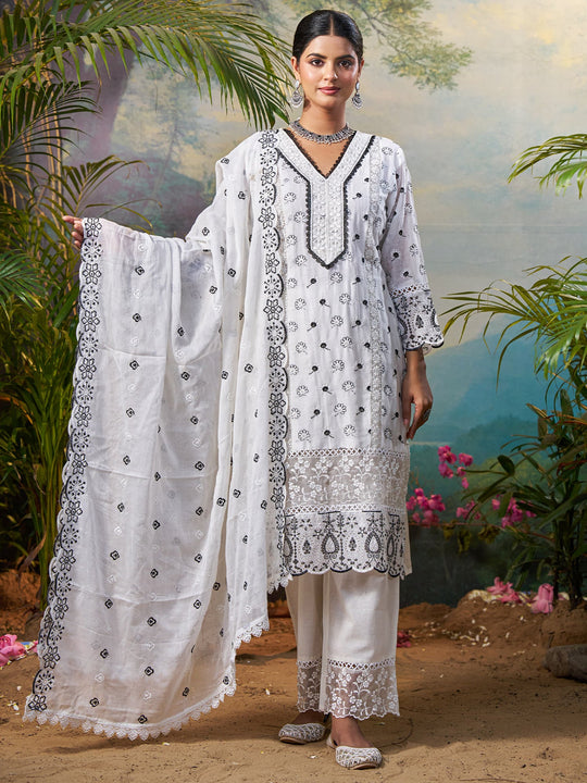 Off White Embroidered Pure Cotton Straight Kurta Sets With Dupatta