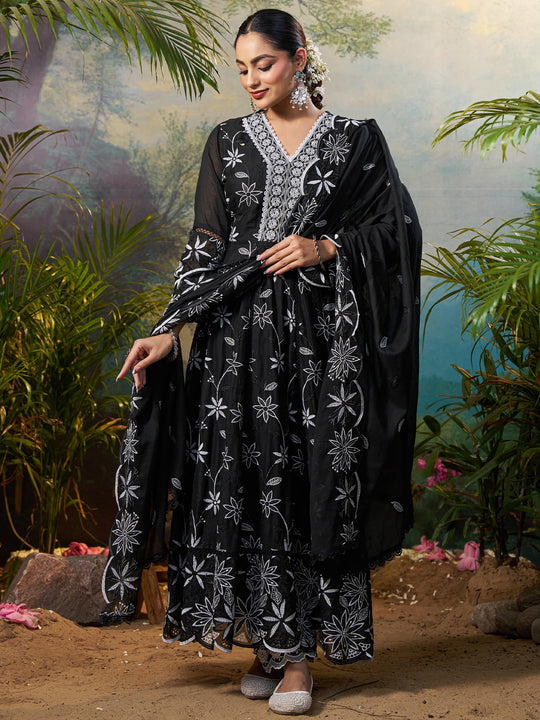 Black Embroidered Pure Cotton Anarkali Kurta Sets With Dupatta