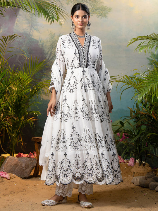 Off White Embroidered Pure Cotton Anarkali Kurta Sets With Dupatta