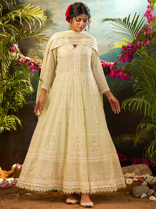 Green Embroidered Pure Cotton Anarkali Kurta Sets With Dupatta