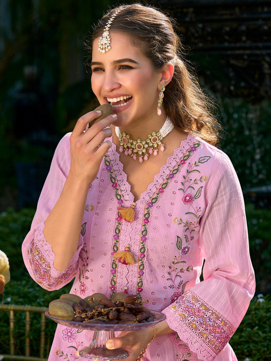 Pink Embroidered Pure Cotton Anarkali Kurta Sets With Dupatta