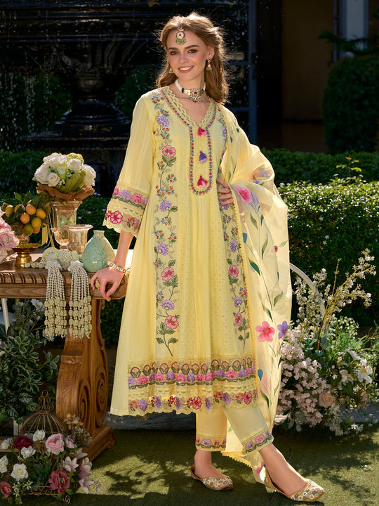 Yellow Embroidered Pure Cotton Anarkali Kurta Sets With Dupatta