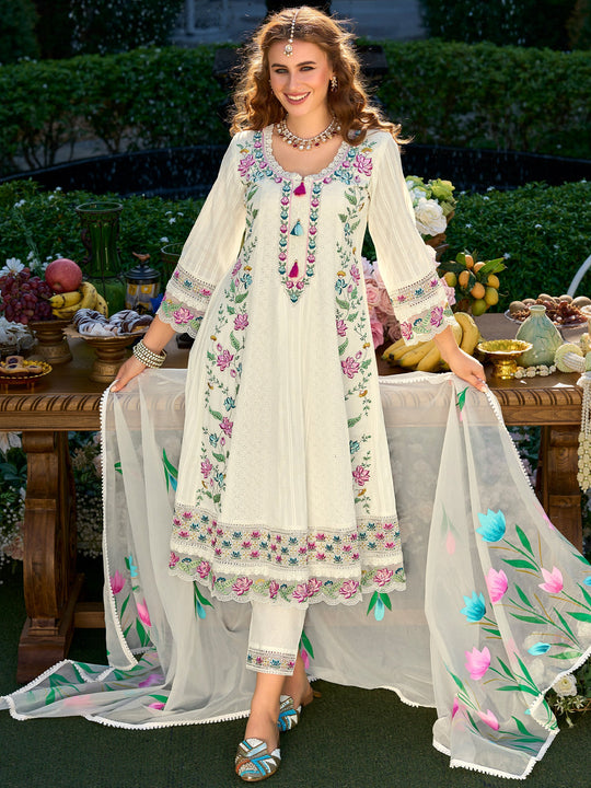 White Embroidered Pure Cotton Anarkali Kurta Sets With Dupatta