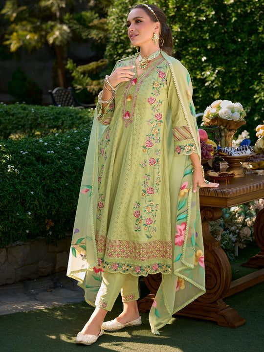 Green Embroidered Pure Cotton Anarkali Kurta Sets With Dupatta