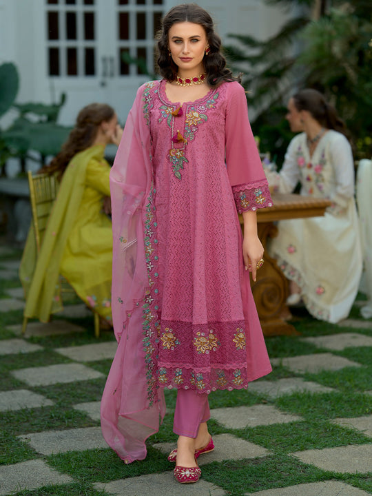 Pink Embroidered Anarkali Kurta Set With Dupatta