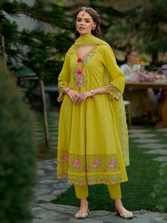 Green Embroidered Anarkali Kurta Set With Dupatta