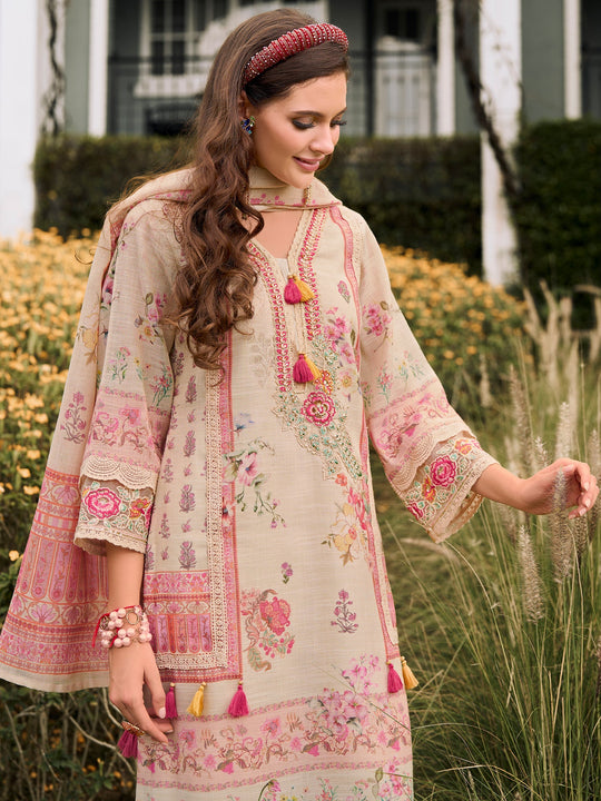 Off White Printed Straight Kurta Set With Dupatta