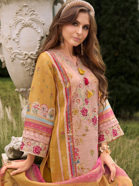 Mustard Printed Straight Kurta Set With Dupatta
