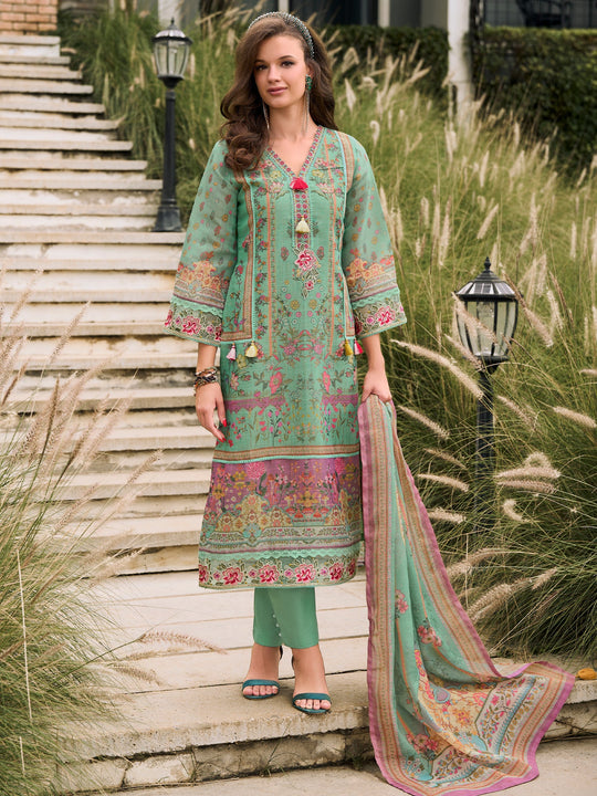Sea Green Printed Straight Kurta Set With Dupatta