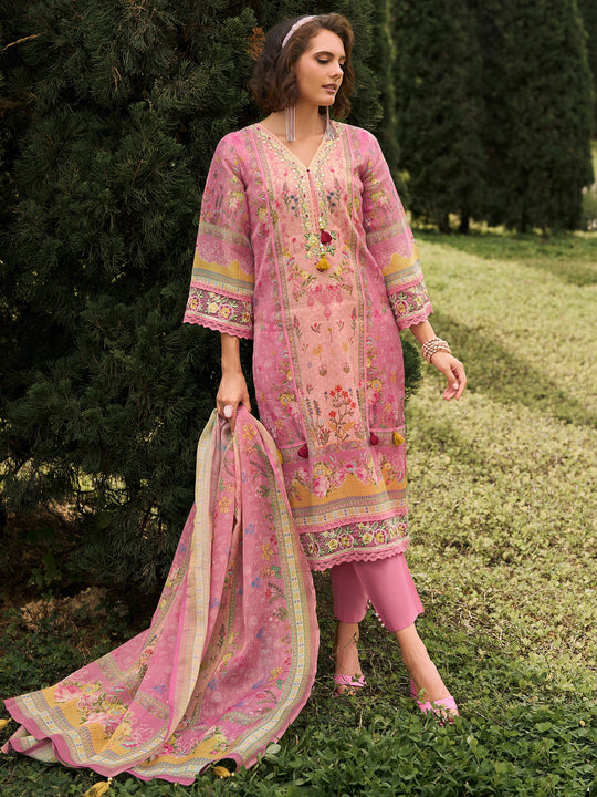 Pink Printed Straight Kurta Set With Dupatta