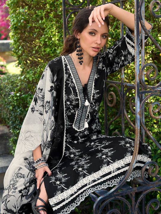 Women Black Embroidered Pure Cotton Straight Kurta Sets With Dupatta