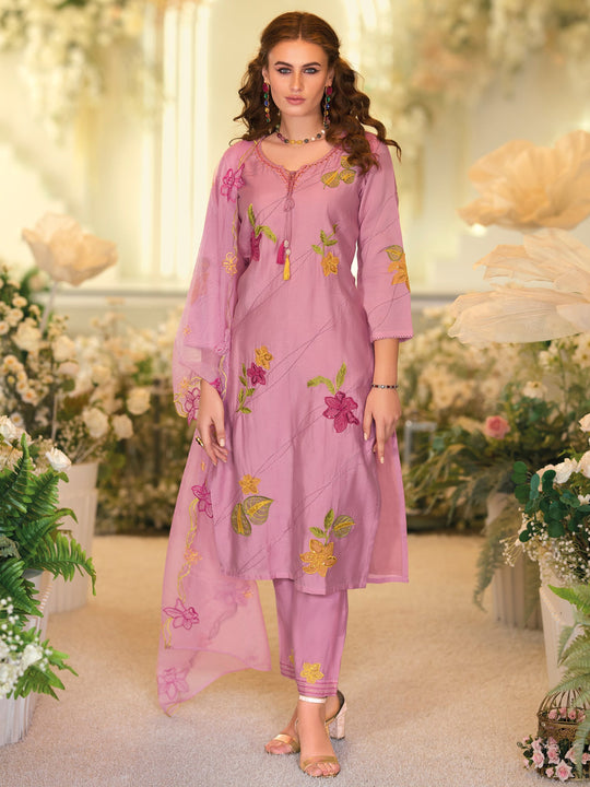 Indo Era Pink Embroidered Straight Kurta Trousers With Dupatta Set