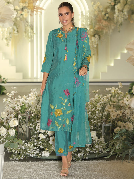 Indo Era Blue Embroidered Straight Kurta Trousers With Dupatta Set