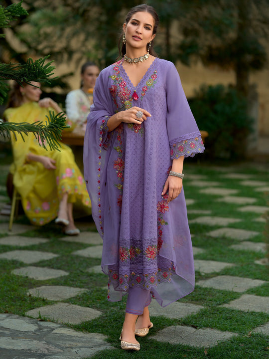 Lavender Embroidered Anarkali Kurta Set With Dupatta