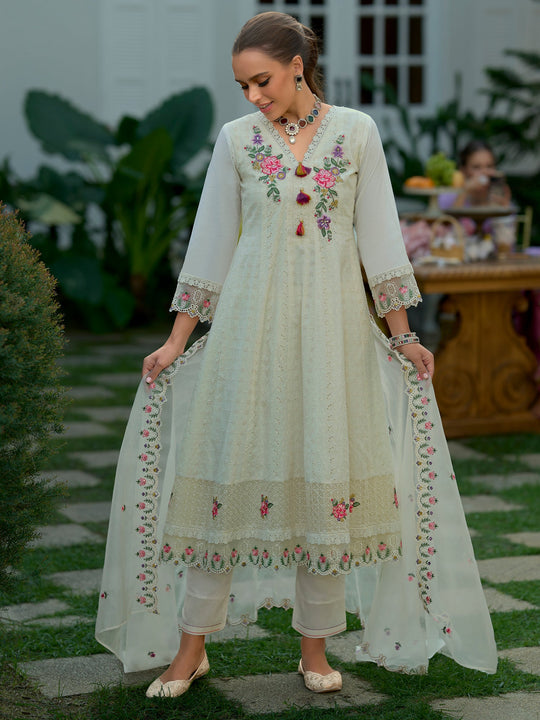Off White Embroidered Pure Cotton Anarkali Suit With Dupatta