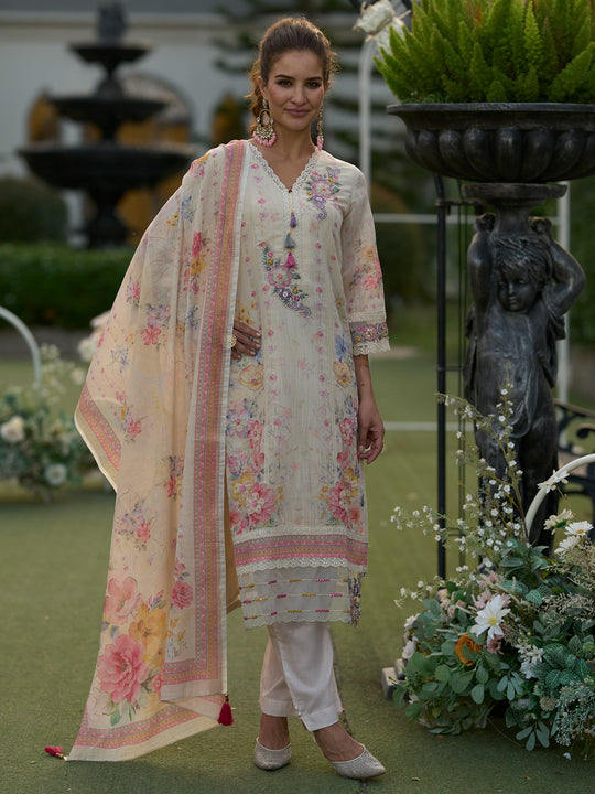 Off White Embroidered Linen Straight Kurta Sets With Dupatta