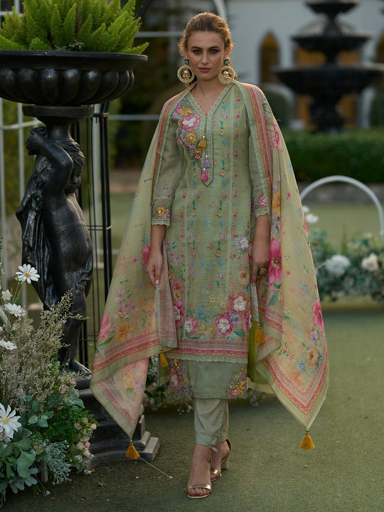 Green Embroidered Linen Straight Kurta Sets With Dupatta