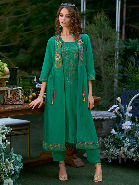 Indo Era Sea Green Embroidered Straight Kurta Trousers Set