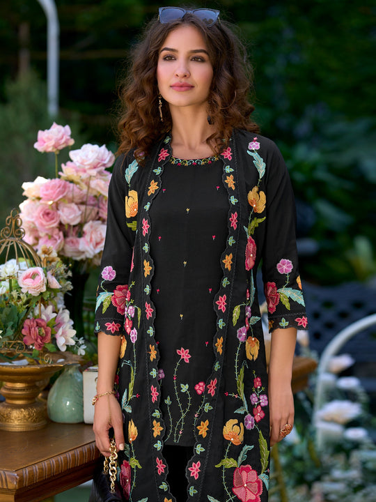 Indo Era Black Embroidered A-Line Kurta Palazzos Set