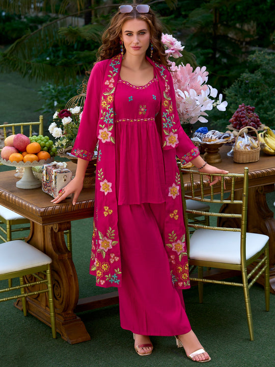Indo Era Pink Embroidered A-Line Kurta Palazzos Set