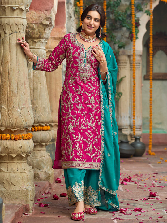 Indo Era Pink Embroidered Straight Kurta Trousers With Dupatta Set