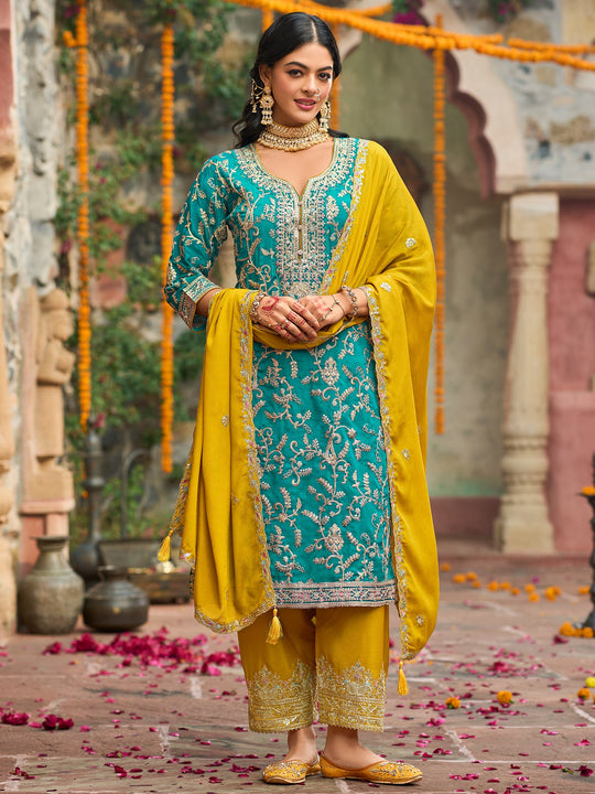 Indo Era Blue Embroidered Straight Kurta Trousers With Dupatta Set