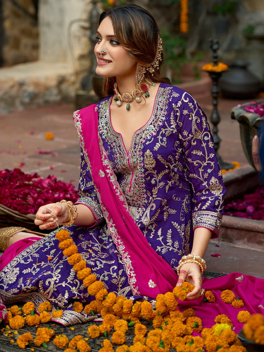Indo Era Purple Embroidered Straight Kurta Trousers With Dupatta Set