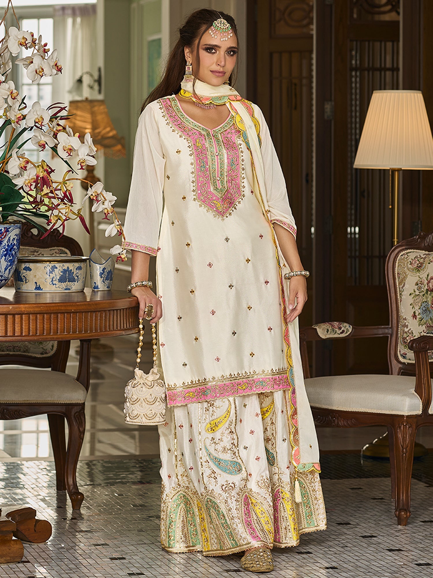 indo era, suit, kurta set for women, indo era kurta, kurta sets for ladies, summer dresses for women, 3 piece suit, cotton kurta set for women, new arrivals, women kurti plazo set, women in suit, kurta suit, floral kurta, short suit, spring summer, White suit