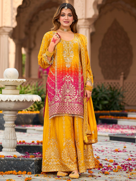 Indo Era Yellow Embroidered Straight Kurta Palazzos With Dupatta Set
