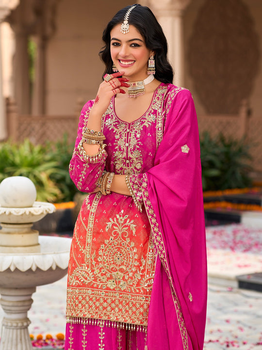 Pink Embroidered Straight Kurta Palazzos With Dupatta