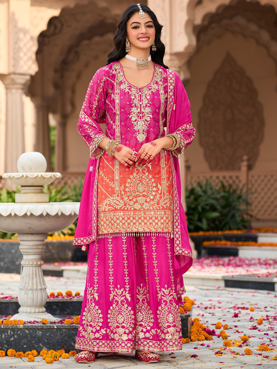 Pink Embroidered Straight Kurta Palazzos With Dupatta