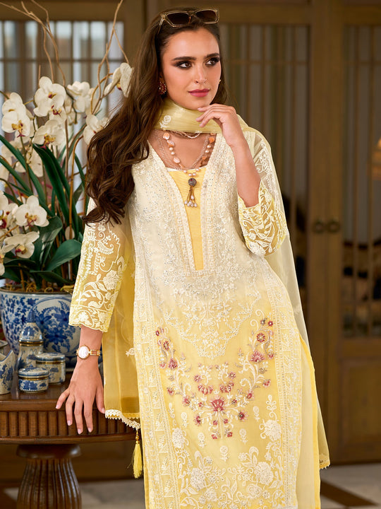Indo Era Yellow Embroidered Straight Kurta Trousers With Dupatta Set