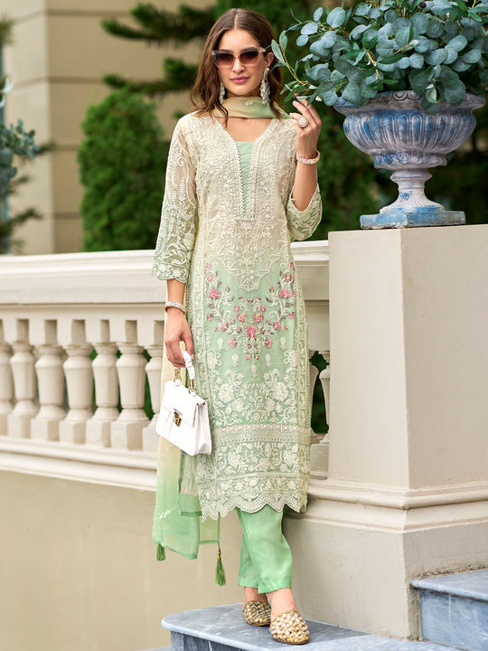 Indo Era Green Embroidered Straight Kurta Trousers With Dupatta Set