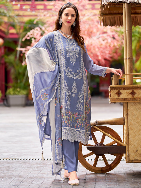 Purple Embroidered Straight Kurta Trousers With Dupatta