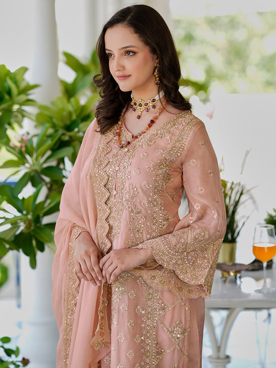 Indo Era Peach Embroidered Straight Kurta Trousers With Dupatta Set