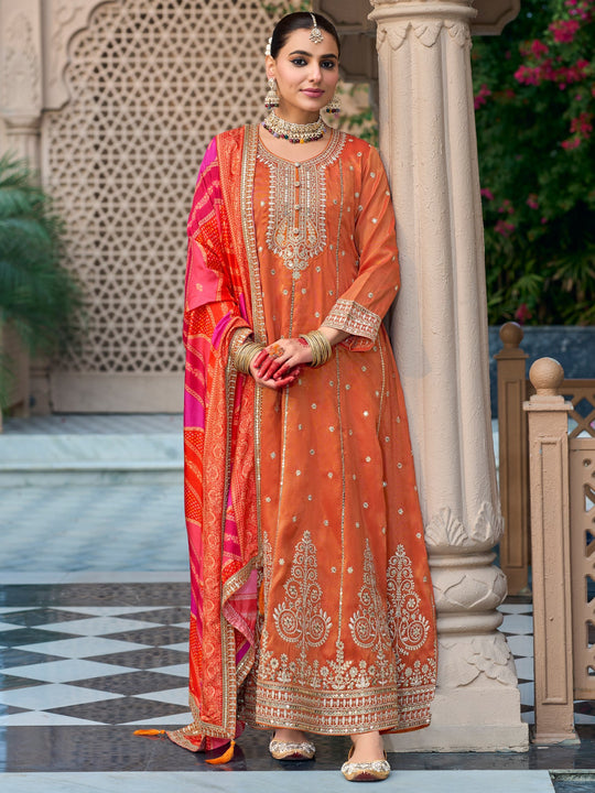 Indo Era Rust Embroidered Anarkali Kurta Trousers With Dupatta Set