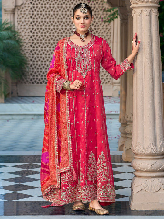 Indo Era Red Embroidered Anarkali Kurta Trousers With Dupatta Set