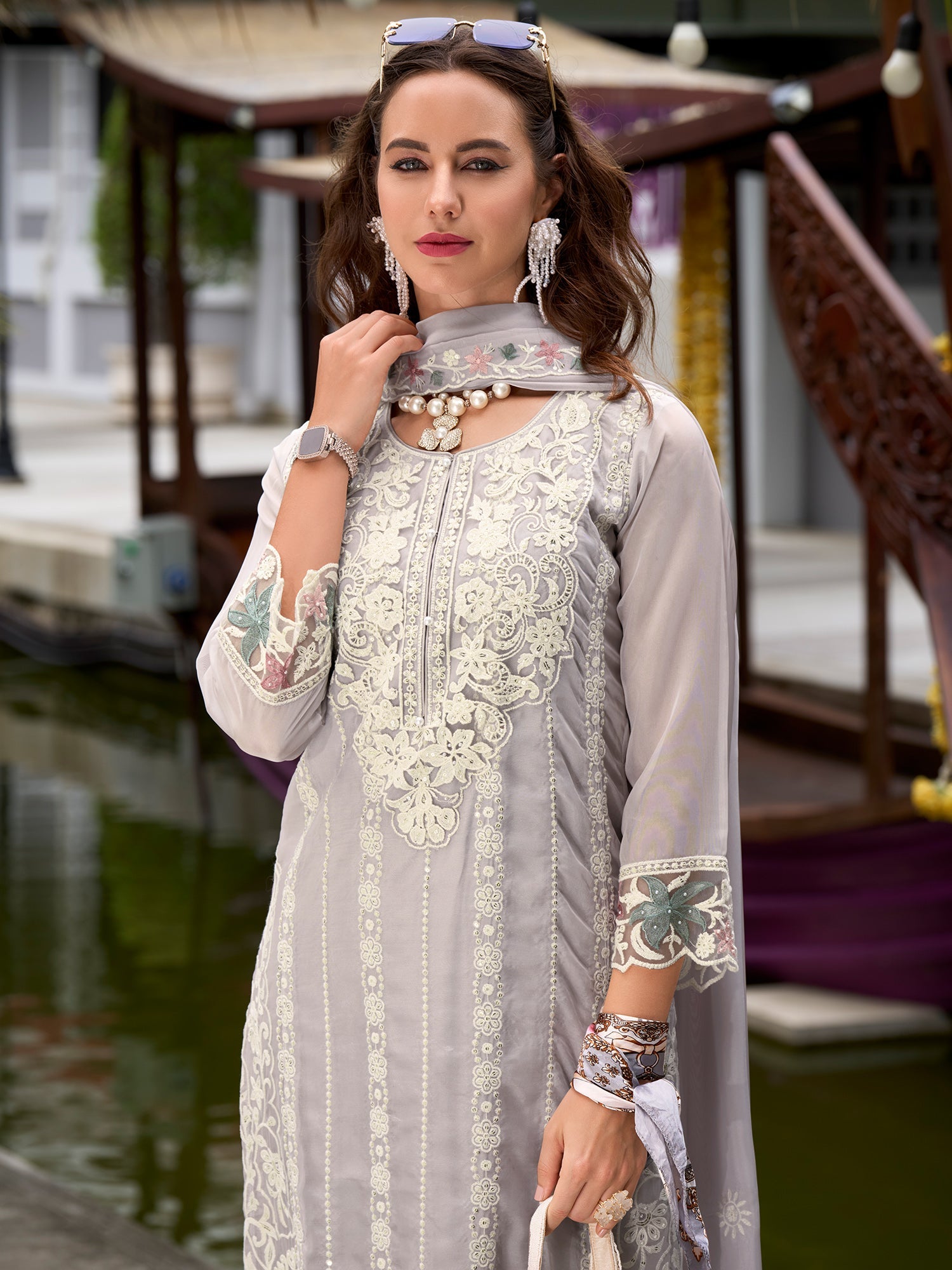 indo era, suit, kurta set for women, indo era kurta, kurta sets for ladies, summer dresses for women, 3 piece suit, cotton kurta set for women, new arrivals, women kurti plazo set, women in suit, kurta suit, floral kurta, short suit, spring summer, Grey suit