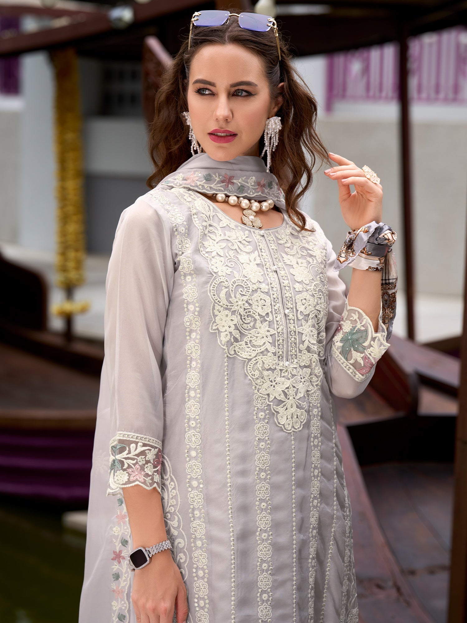 indo era, suit, kurta set for women, indo era kurta, kurta sets for ladies, summer dresses for women, 3 piece suit, cotton kurta set for women, new arrivals, women kurti plazo set, women in suit, kurta suit, floral kurta, short suit, spring summer, Grey suit