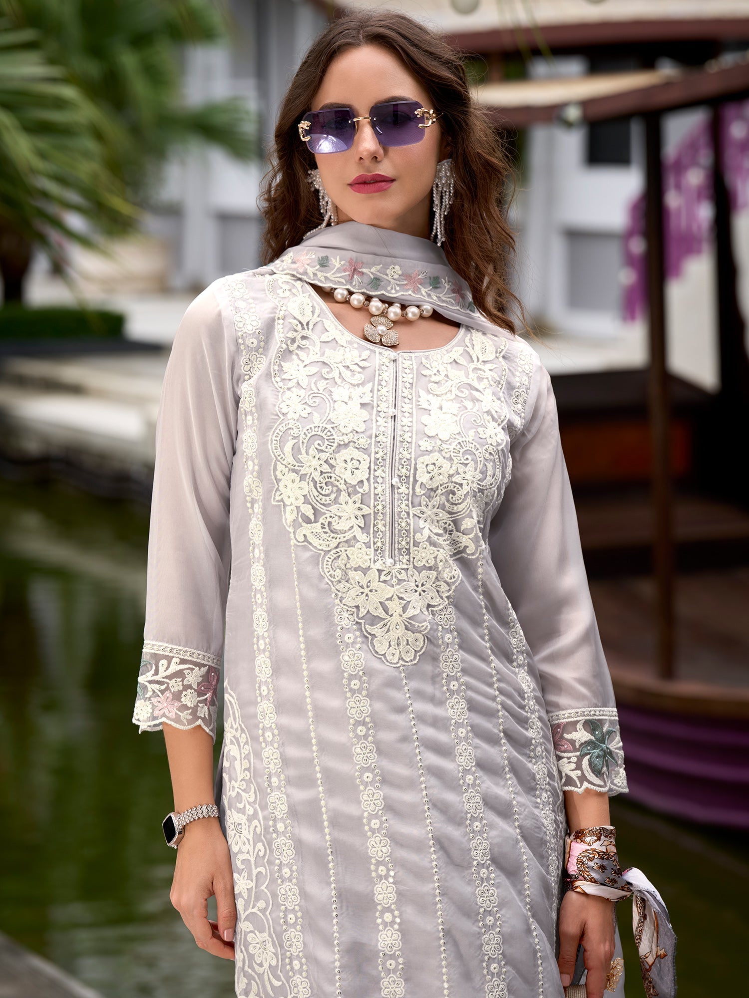 indo era, suit, kurta set for women, indo era kurta, kurta sets for ladies, summer dresses for women, 3 piece suit, cotton kurta set for women, new arrivals, women kurti plazo set, women in suit, kurta suit, floral kurta, short suit, spring summer, Grey suit