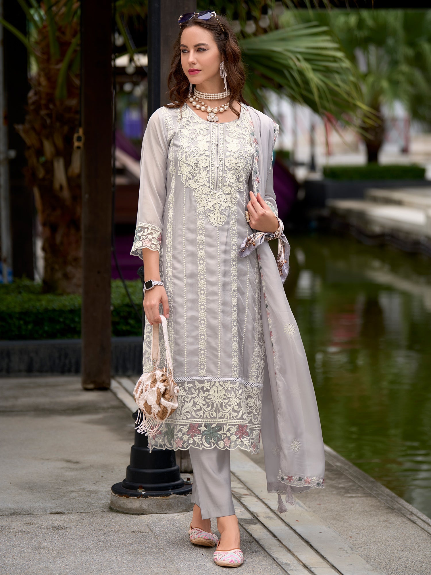 indo era, suit, kurta set for women, indo era kurta, kurta sets for ladies, summer dresses for women, 3 piece suit, cotton kurta set for women, new arrivals, women kurti plazo set, women in suit, kurta suit, floral kurta, short suit, spring summer, Grey suit
