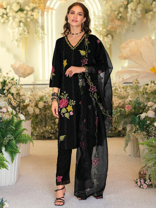 Indo Era Black Embroidered Straight Kurta Trousers With Dupatta Set