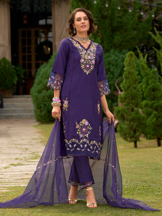 Purple Embroidered Straight Cotton Blend Suit Set With Dupatta