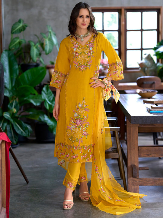 Yellow Embroidered Straight Cotton Blend Suit Set With Dupatta