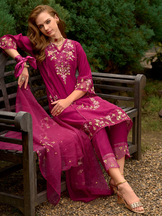 Pink Embroidered Straight Cotton Blend Suit Set With Dupatta